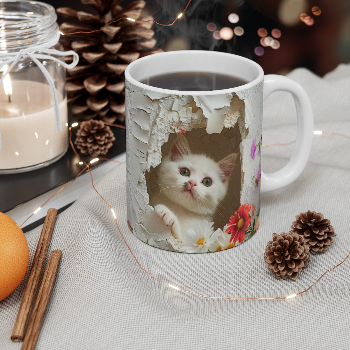 Mug Chat Blanc 3D – Tasse Céramique 325ml – Chaton Curieux et Fleurs Colorées
