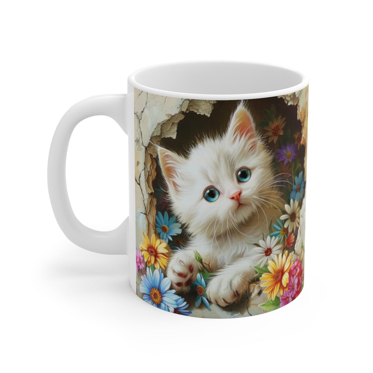 Mug Chat Blanc aux Yeux Bleus 3D – Tasse Céramique 325ml – Chaton Fleuri Réaliste