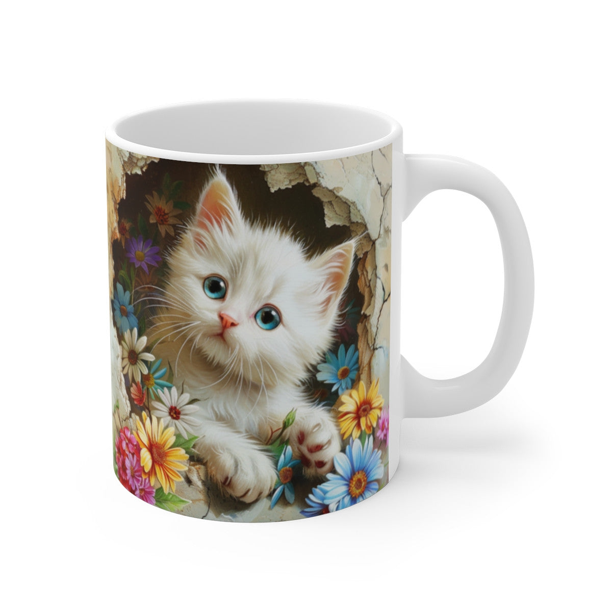 Mug Chat Blanc aux Yeux Bleus 3D – Tasse Céramique 325ml – Chaton Fleuri Réaliste