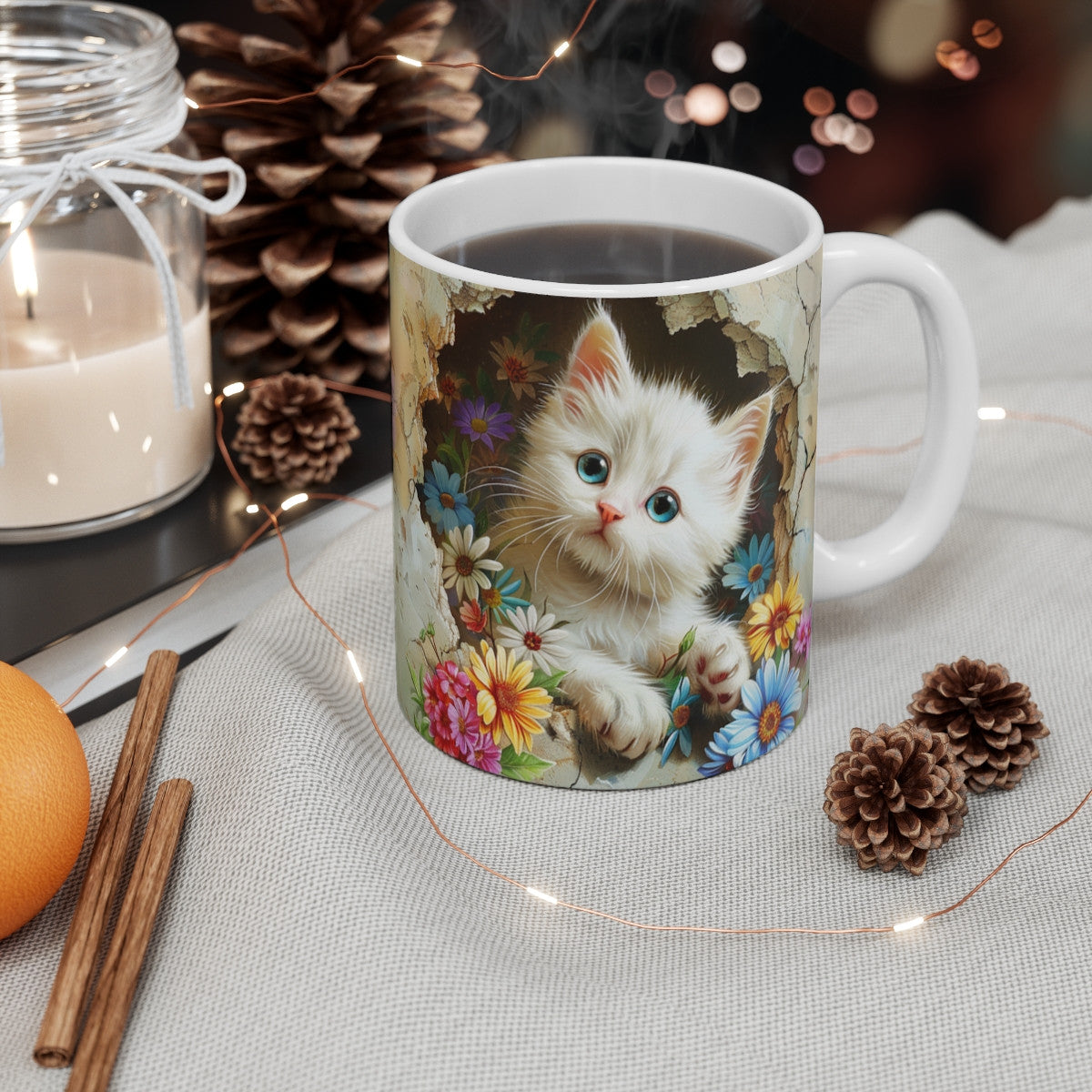 Mug Chat Blanc aux Yeux Bleus 3D – Tasse Céramique 325ml – Chaton Fleuri Réaliste