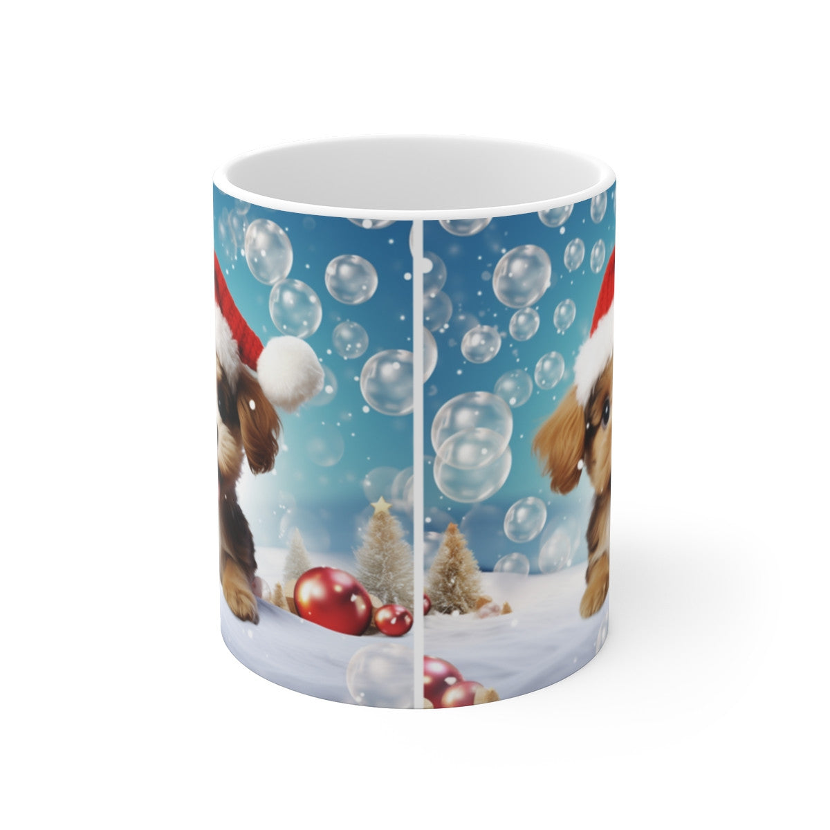 Mug Chiot de Noël 3D – Tasse Céramique 325ml – Petit Chien Festif avec Bonnet Rouge et Décor Hivernal