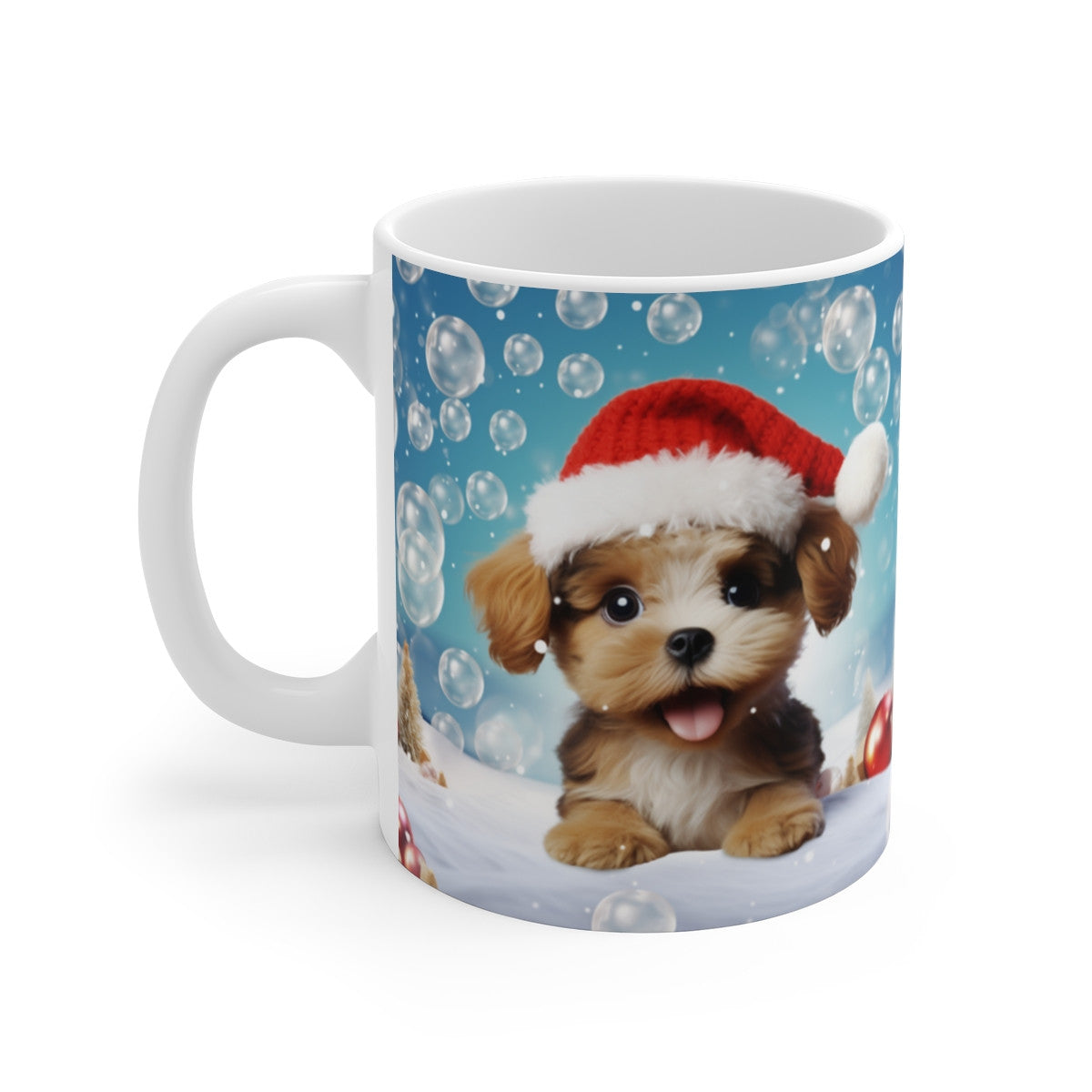Mug Chiot de Noël 3D – Tasse Céramique 325ml – Petit Chien Festif avec Bonnet Rouge et Décor Hivernal