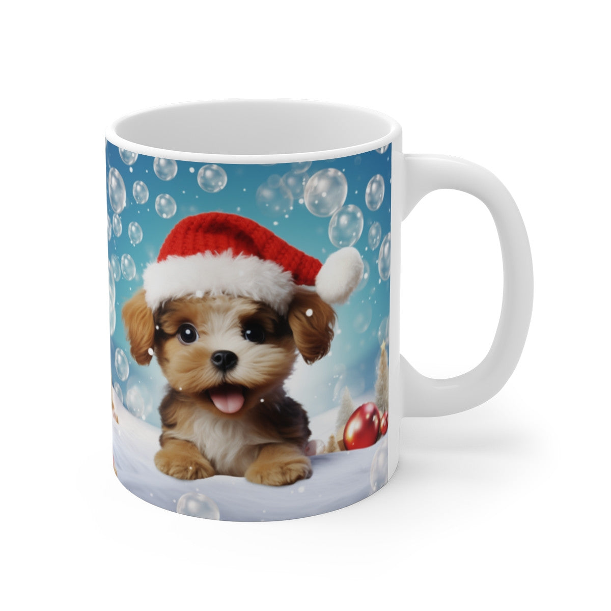 Mug Chiot de Noël 3D – Tasse Céramique 325ml – Petit Chien Festif avec Bonnet Rouge et Décor Hivernal