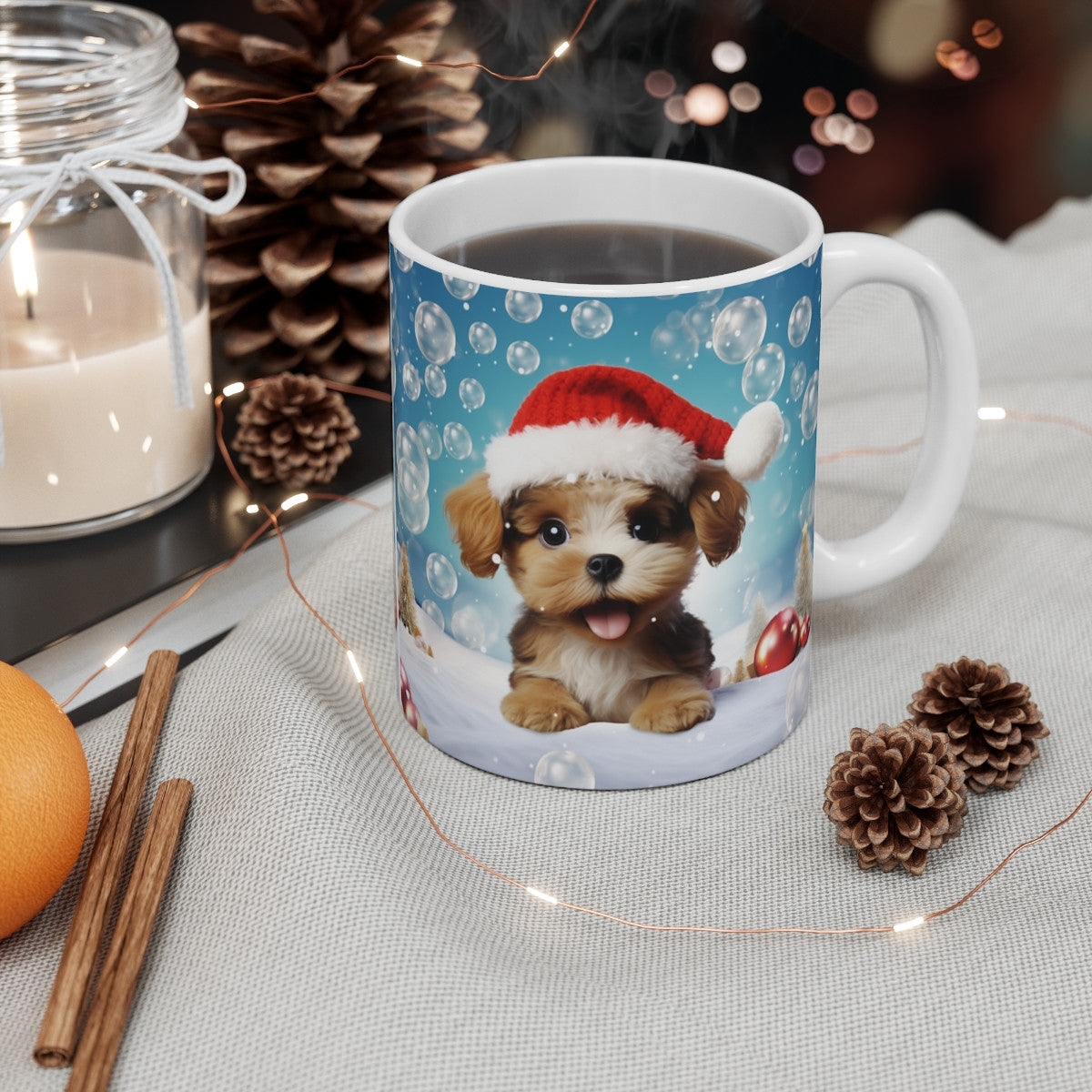 Mug Chiot de Noël 3D – Tasse Céramique 325ml – Petit Chien Festif avec Bonnet Rouge et Décor Hivernal