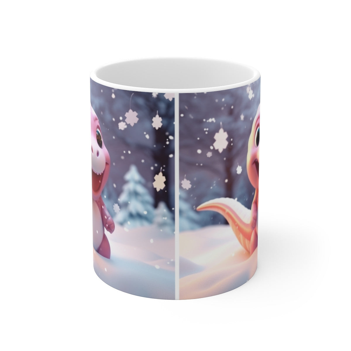 Mug Dinosaure Hiver Mignon 3D – Tasse Céramique 325ml – Bébé Dino Rose dans la Neige – Cadeau Enfant Original