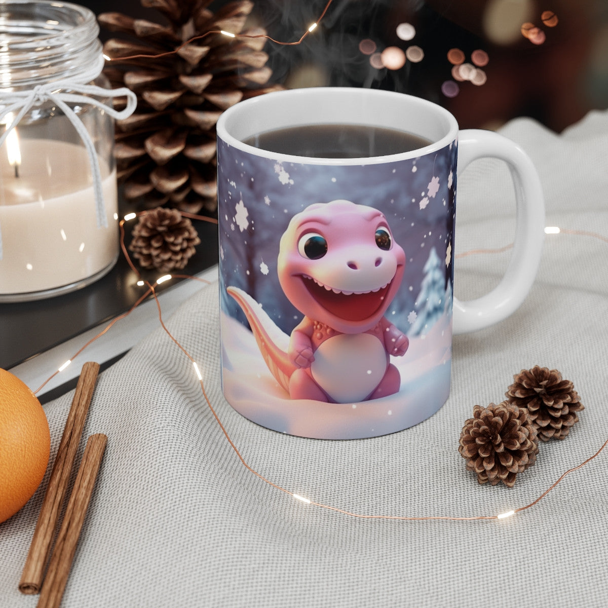 Mug Dinosaure Hiver Mignon 3D – Tasse Céramique 325ml – Bébé Dino Rose dans la Neige – Cadeau Enfant Original