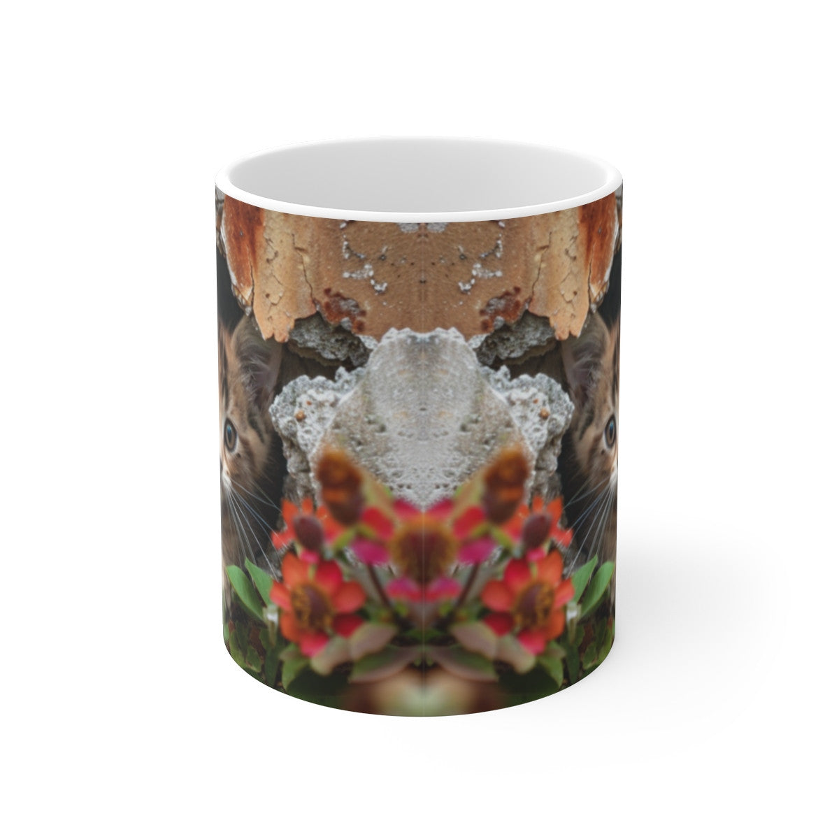 Mug Chatons Curieux – Tasse Céramique 325ml – Deux Petits Chats dans un Mur Fleuri – Cadeau