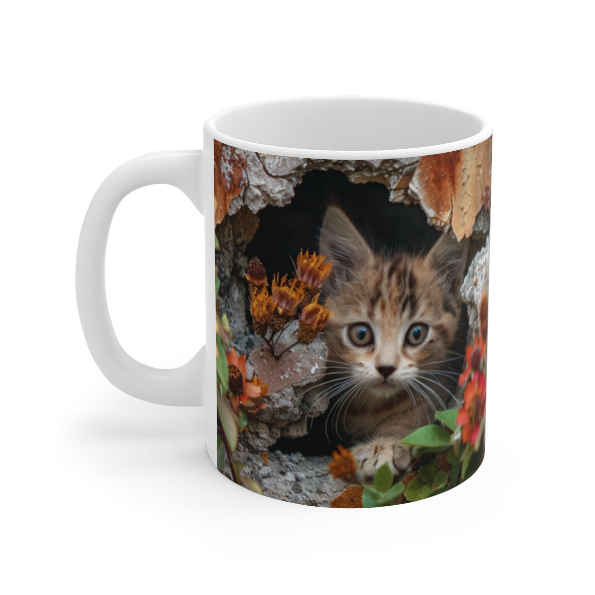 Mug Chatons Curieux – Tasse Céramique 325ml – Deux Petits Chats dans un Mur Fleuri – Cadeau