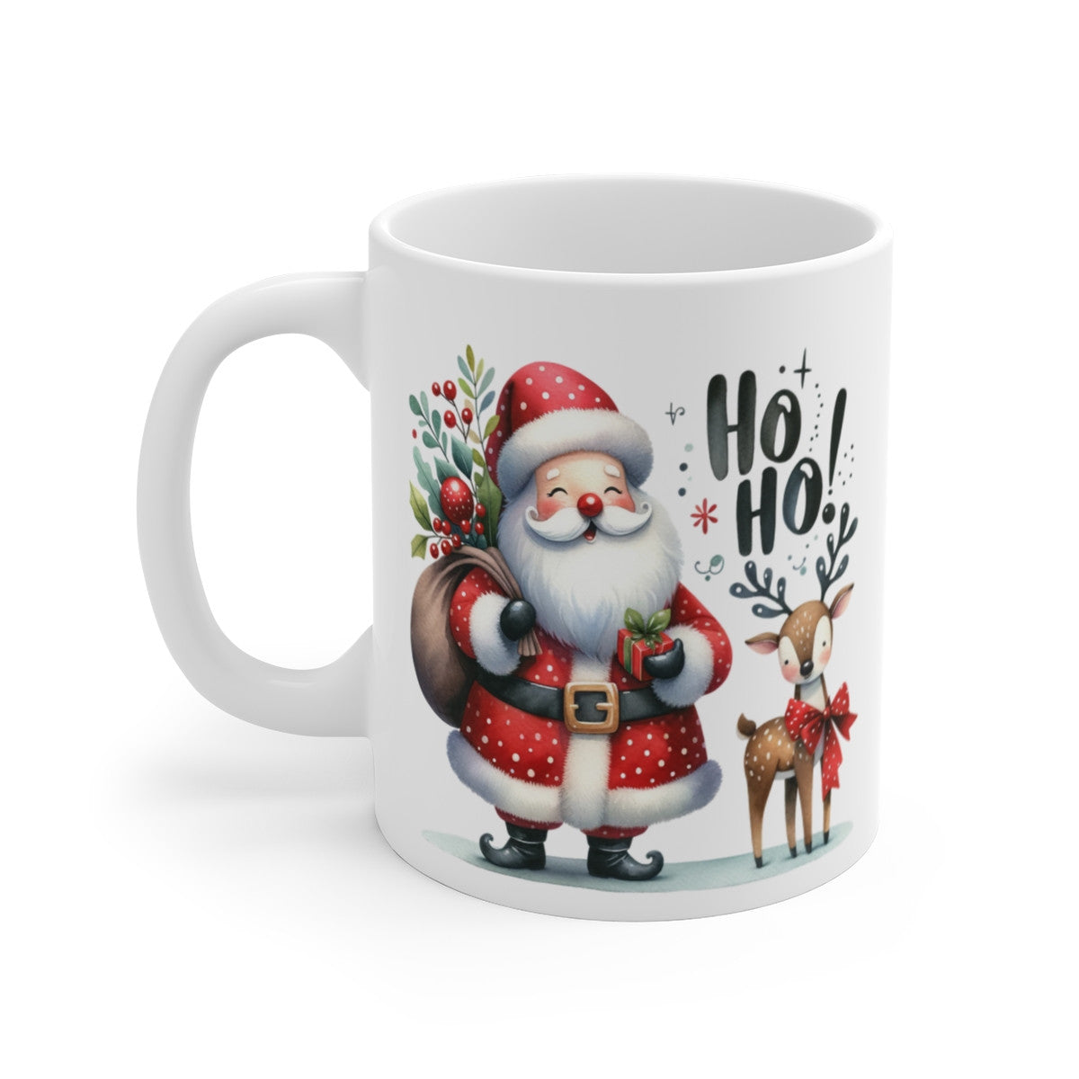 Tasse de Noël Père Noël et Renne – Mug Céramique 325ml Ho Ho Ho – Cadeau Hiver Festif Rouge et Blanc