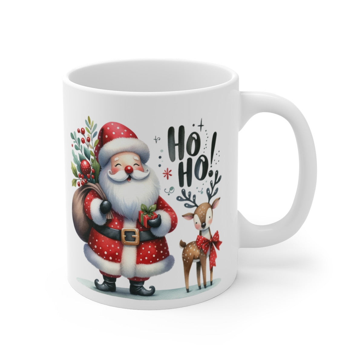 Tasse de Noël Père Noël et Renne – Mug Céramique 325ml Ho Ho Ho – Cadeau Hiver Festif Rouge et Blanc