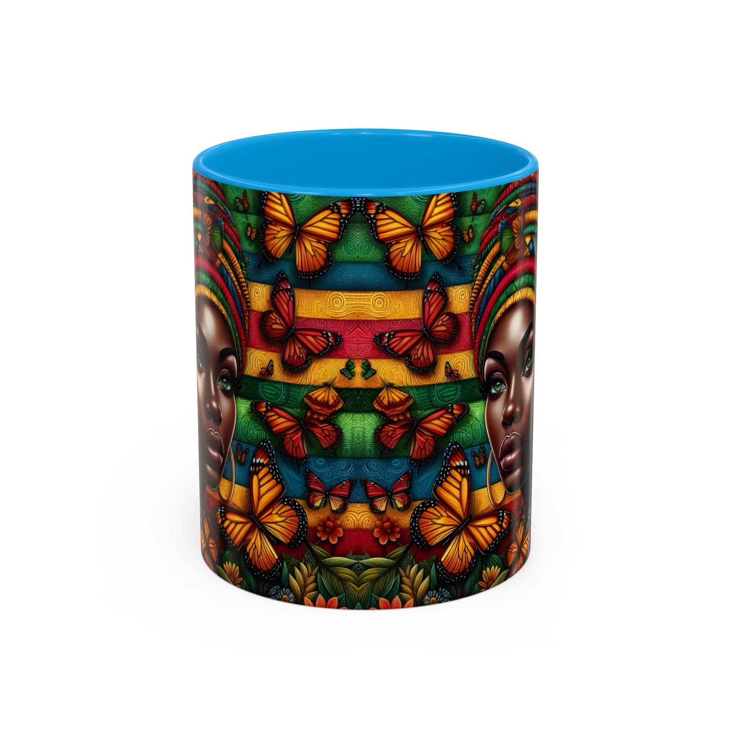 Mug Femme Afro Art Coloré – Tasse Portrait Afro avec Papillons et Motifs Tropicaux – Design Bohème 325ml
