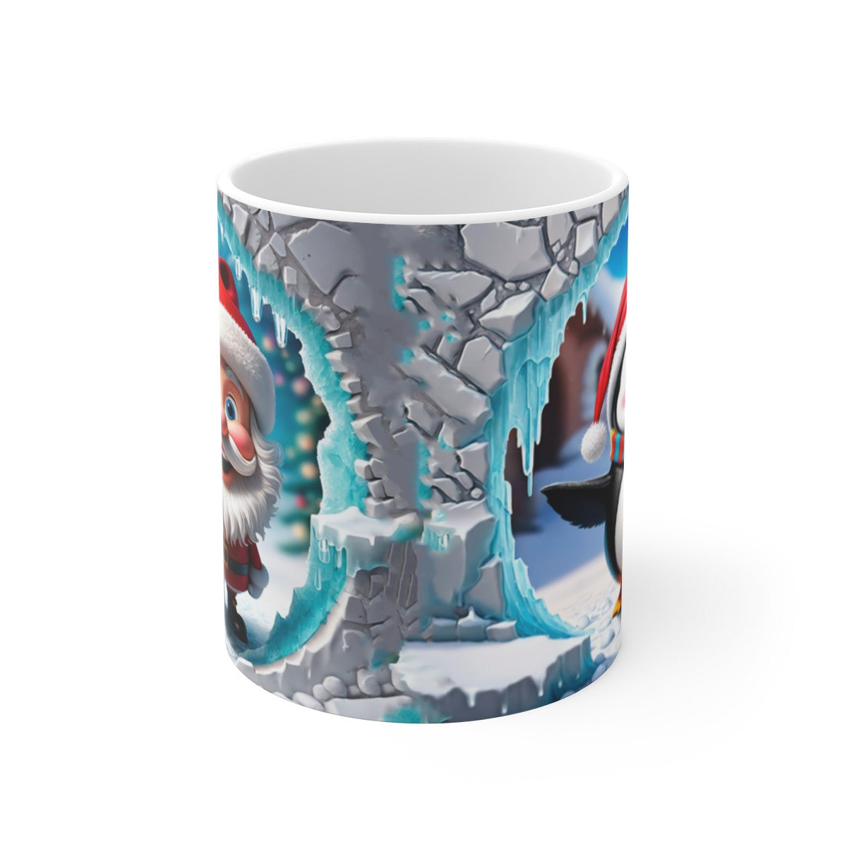 Tasse Noël Père Noël & Pingouin – Mug Céramique 325 ml – Design Aquarelle Hiver Festif – Cadeau Café Thé Hivernal