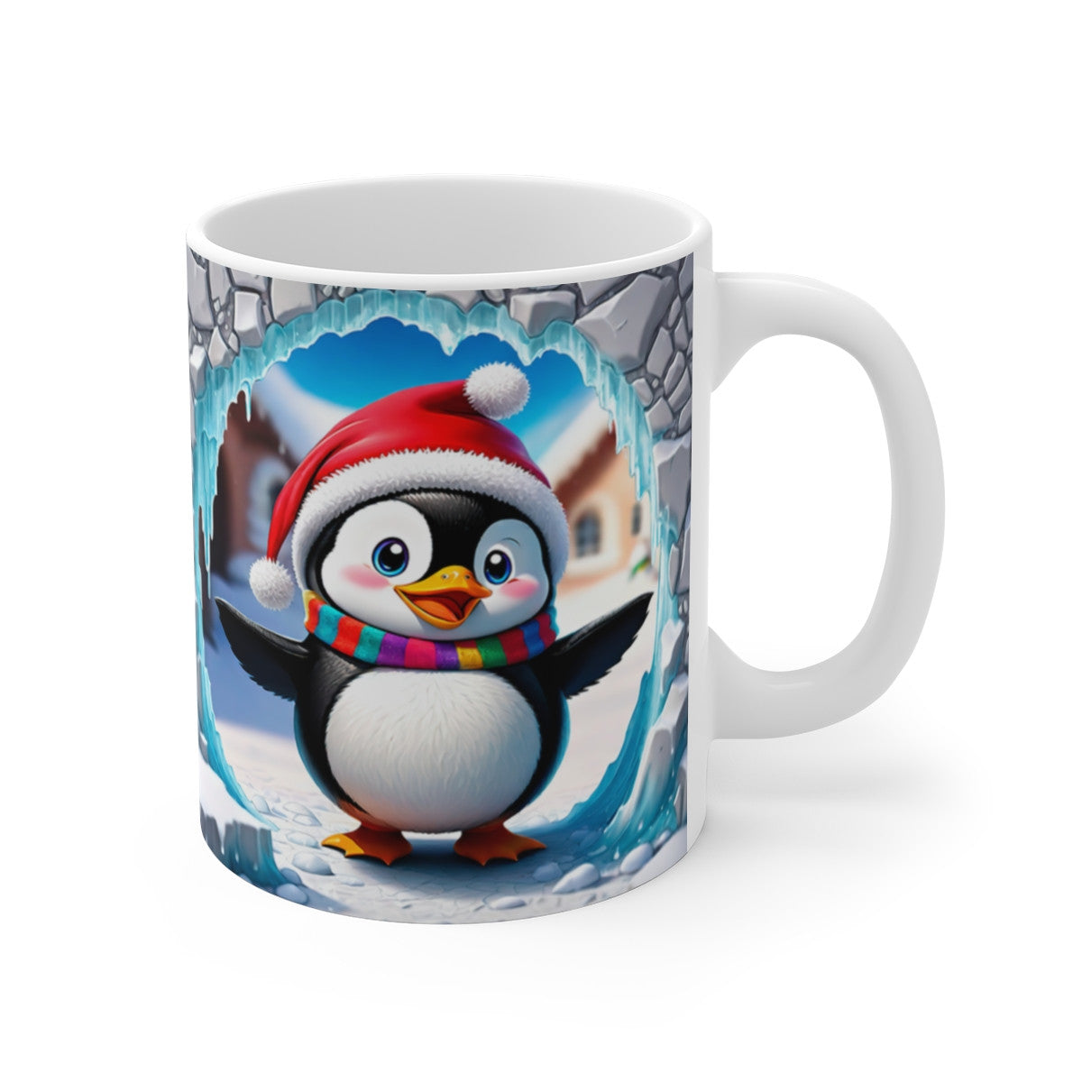 Tasse Noël Père Noël & Pingouin – Mug Céramique 325 ml – Design Aquarelle Hiver Festif – Cadeau Café Thé Hivernal