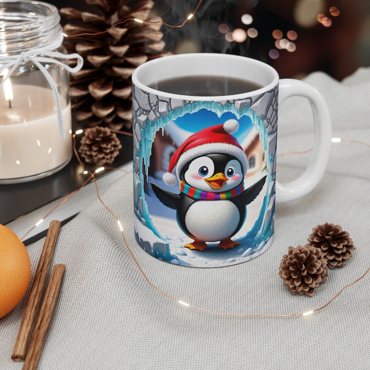 Tasse Noël Père Noël & Pingouin – Mug Céramique 325 ml – Design Aquarelle Hiver Festif – Cadeau Café Thé Hivernal