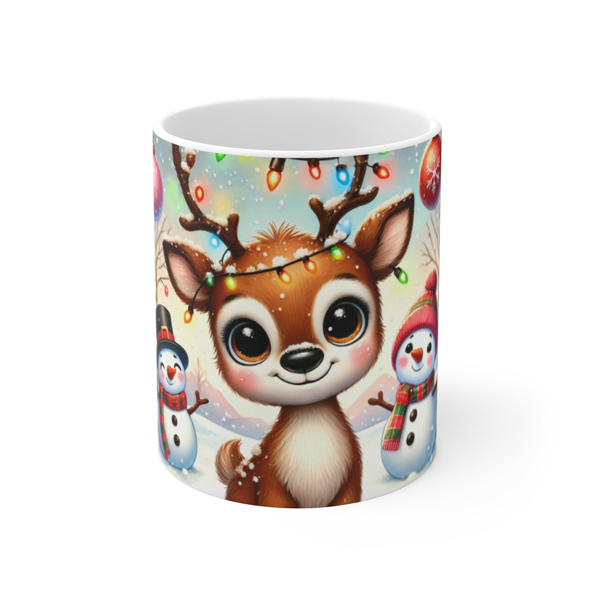 Tasse Noël Renne & Bonhommes de Neige – Mug Céramique 325 ml – Design Aquarelle Hiver Magique