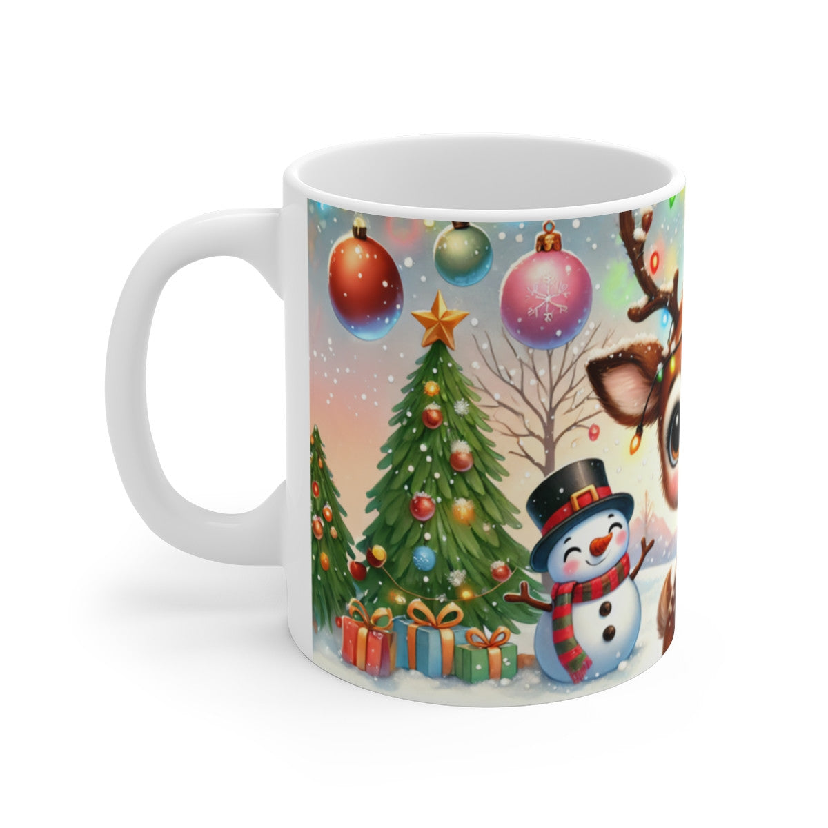 Tasse Noël Renne & Bonhommes de Neige – Mug Céramique 325 ml – Design Aquarelle Hiver Magique