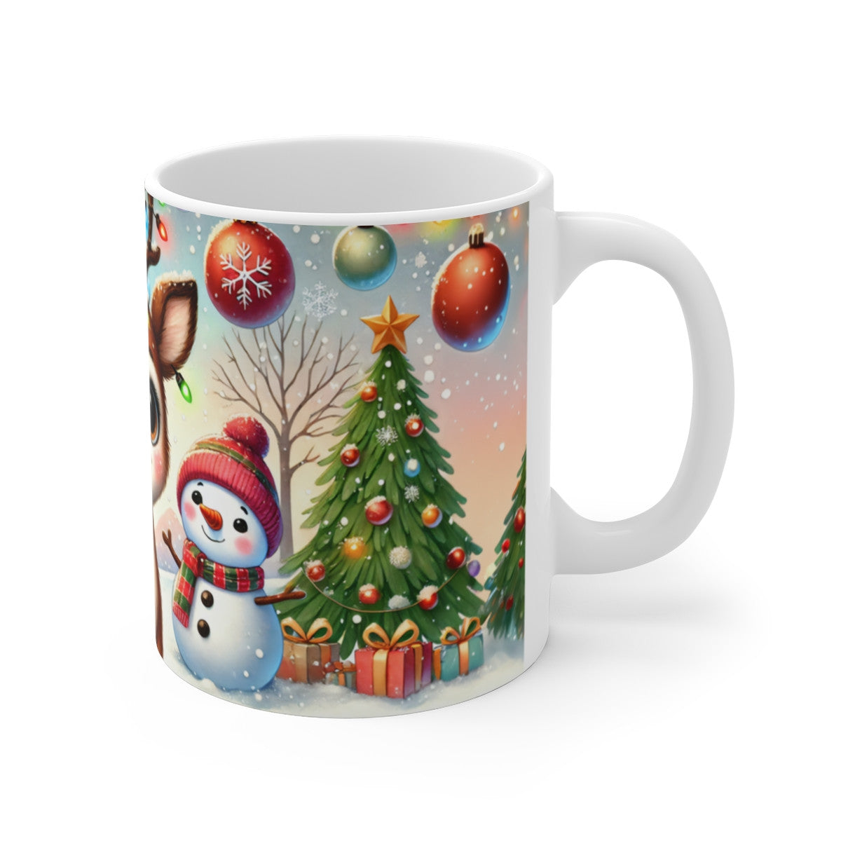 Tasse Noël Renne & Bonhommes de Neige – Mug Céramique 325 ml – Design Aquarelle Hiver Magique