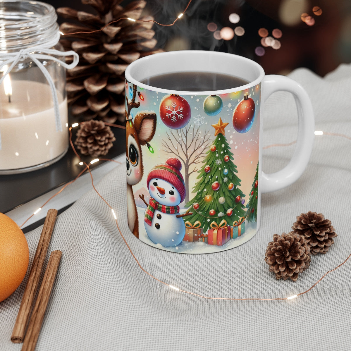 Tasse Noël Renne & Bonhommes de Neige – Mug Céramique 325 ml – Design Aquarelle Hiver Magique