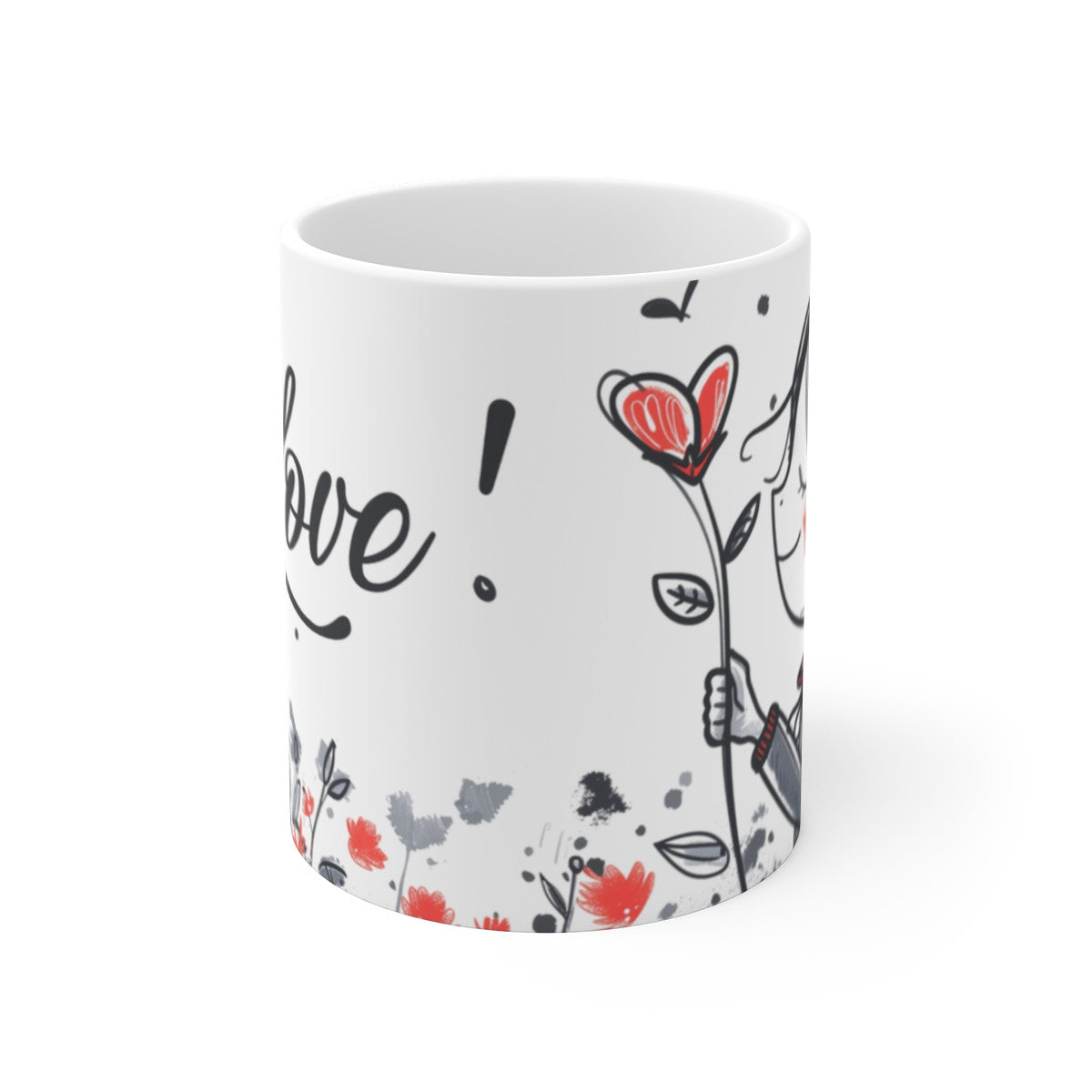 Tasse Amour “Love” – Mug Romantique 325 ml – Design Poétique Fille et Fleur Cœur – Cadeau Couple Saint-Valentin