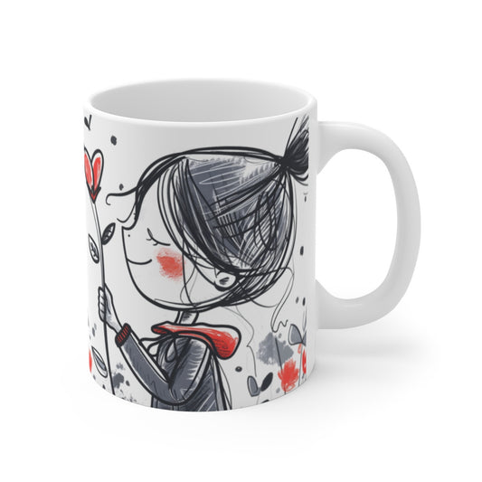Tasse Amour “Love” – Mug Romantique 325 ml – Design Poétique Fille et Fleur Cœur – Cadeau Couple Saint-Valentin