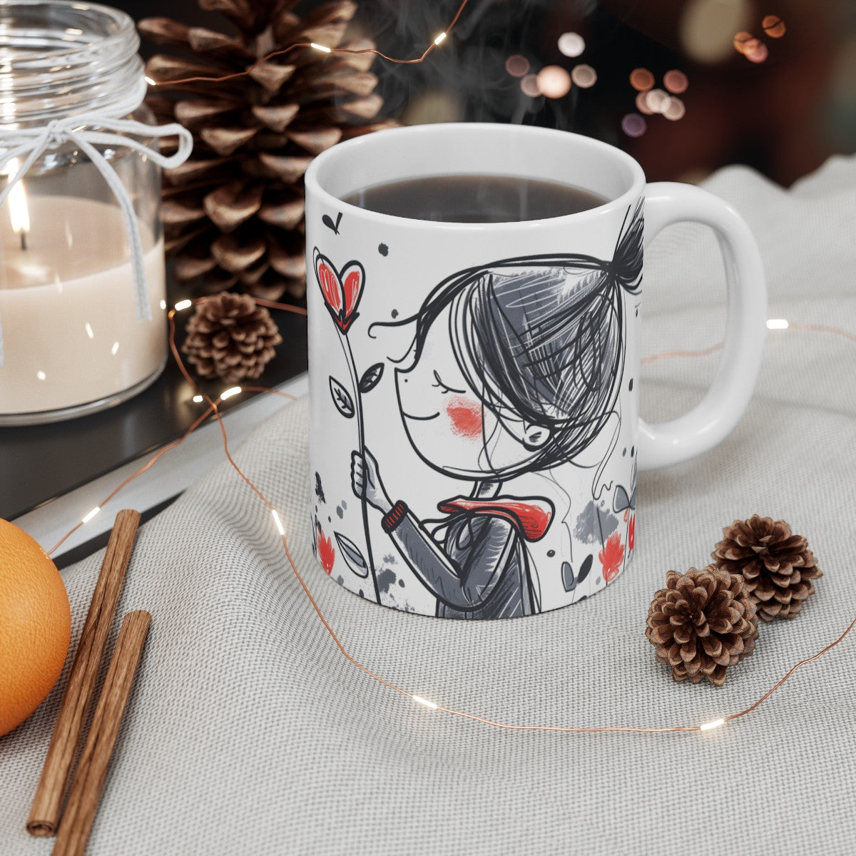 Tasse Amour “Love” – Mug Romantique 325 ml – Design Poétique Fille et Fleur Cœur – Cadeau Couple Saint-Valentin