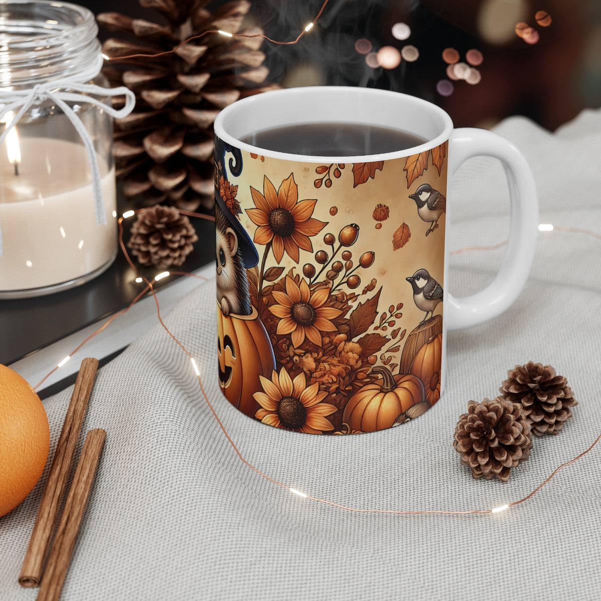 Tasse Hérisson Automne – Mug Céramique 325 ml – Design Citrouille et Tournesols – Cadeau Cosy Halloween Nature