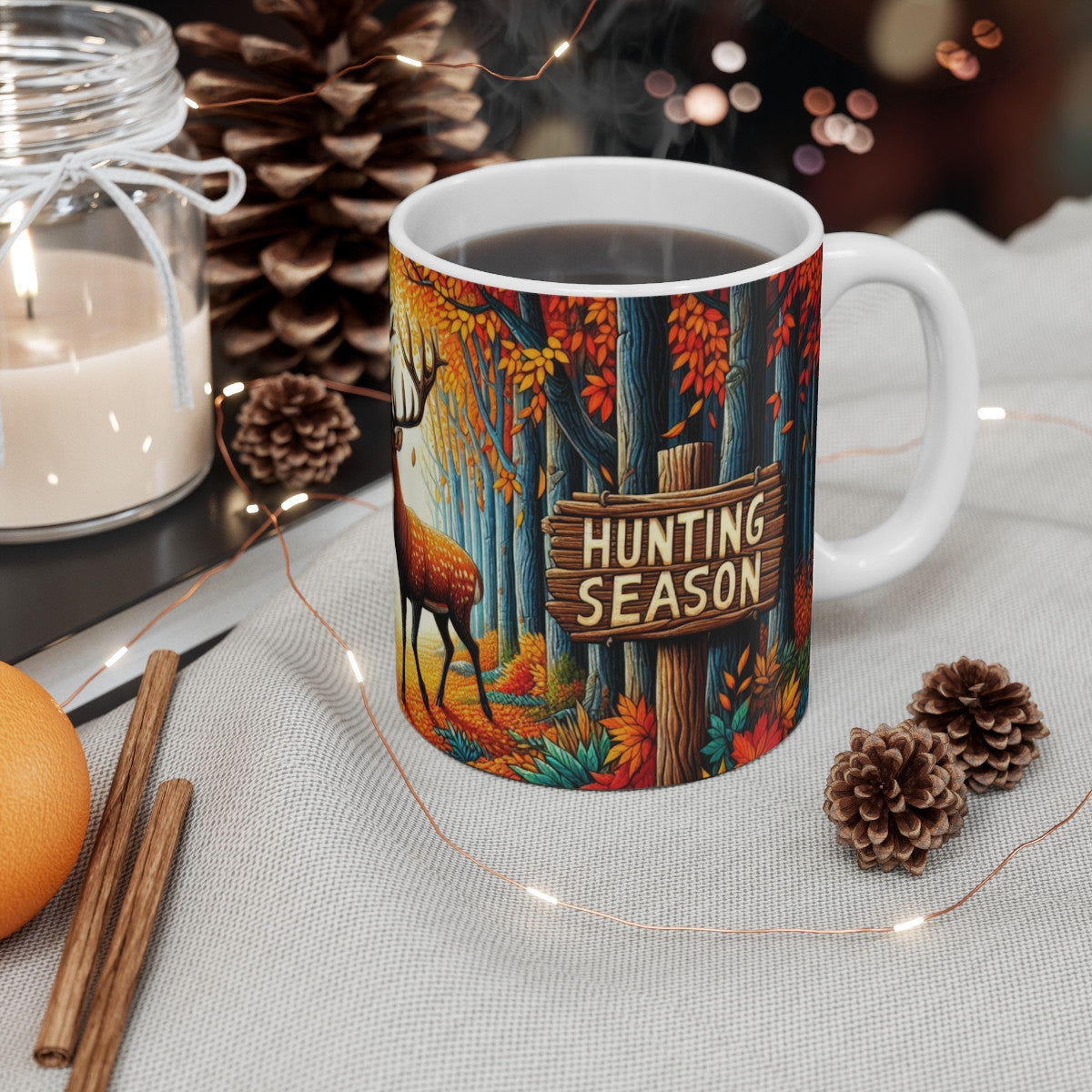 Tasse “Hunting Season” – Mug Céramique 325 ml – Design Cerf Forêt Automne – Cadeau Chasse Nature Plein Air Café