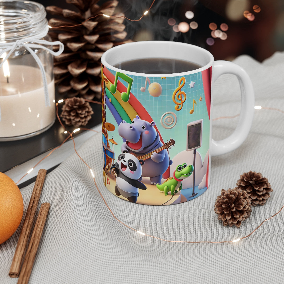 Tasse Animaux Musiciens – Mug Céramique 325 ml – Design Arc-en-Ciel & Panda Musical – Cadeau Enfant Famille