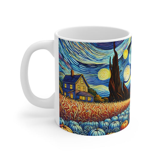 Tasse Van Gogh Automne – Mug Céramique 325 ml – Champ de Citrouilles Nuit Étoilée – Cadeau Artistique Nature Couleur
