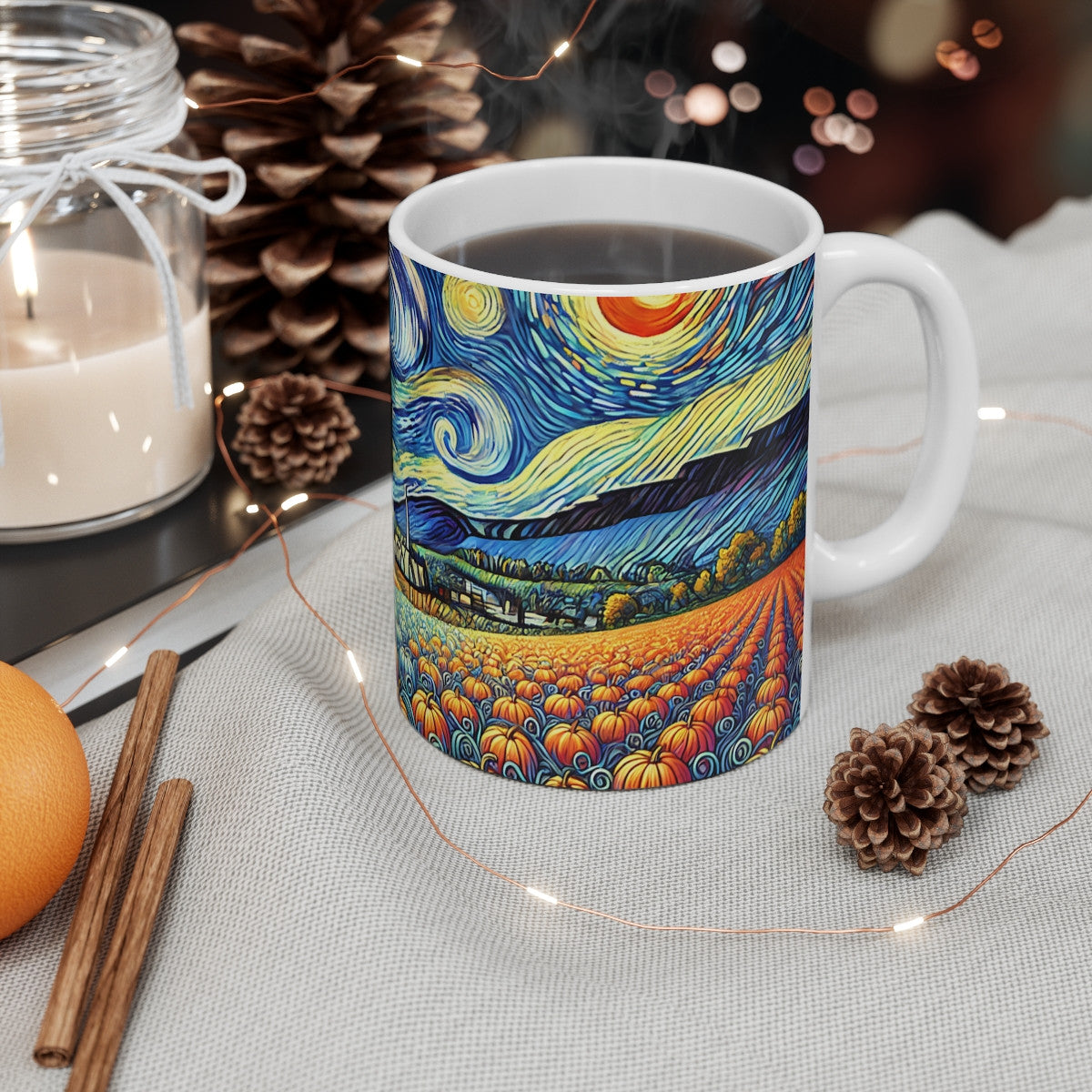 Tasse Van Gogh Automne – Mug Céramique 325 ml – Champ de Citrouilles Nuit Étoilée – Cadeau Artistique Nature Couleur