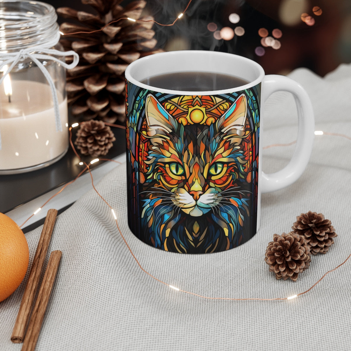 Tasse Chat Artistique – Mug Céramique 325 ml – Design Vitrail Coloré Félin – Cadeau Amoureux des Chats et de l’Art