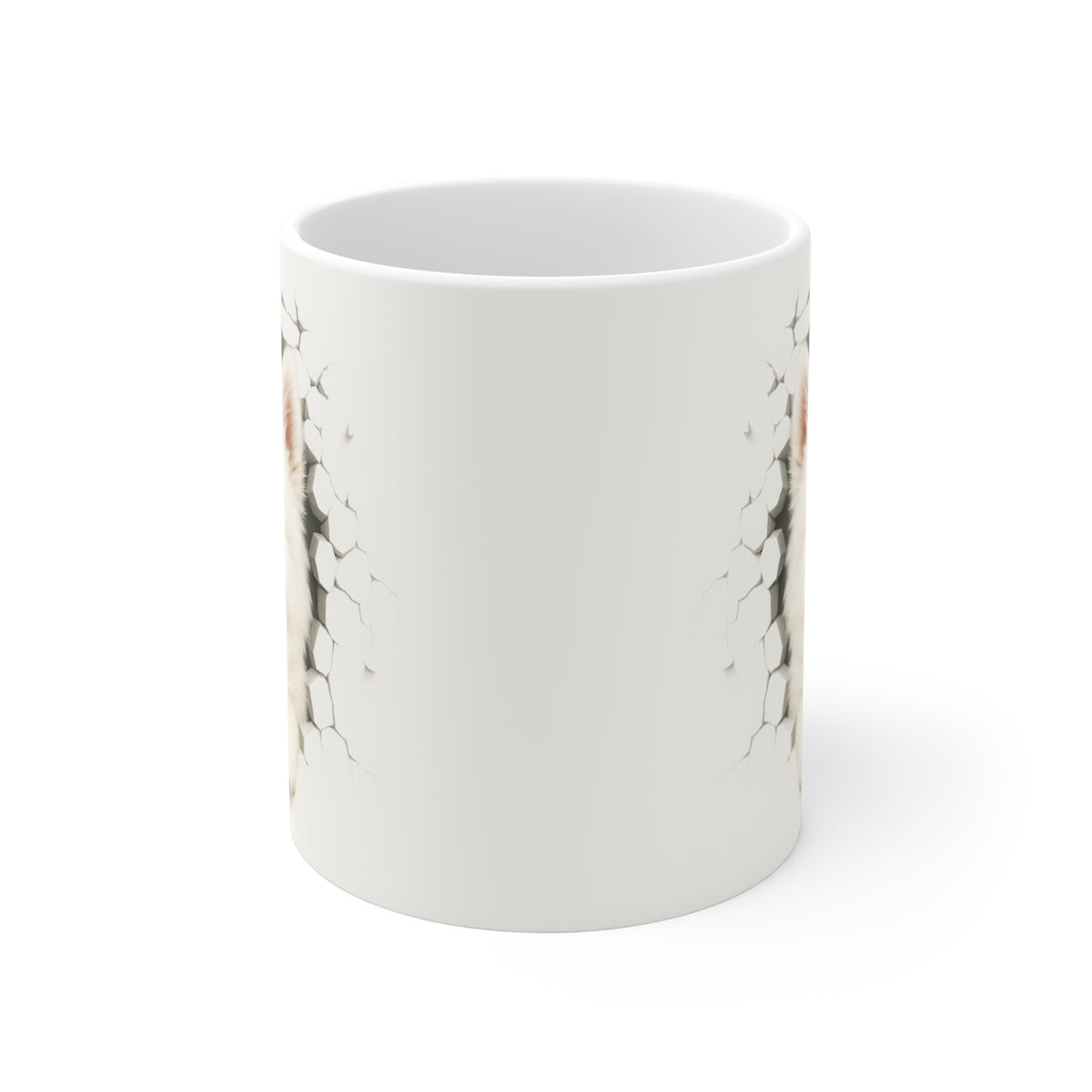 Mug Spitz Blanc Effet Mur Cassé – Tasse Chien 3D Trompe-l’œil – Cadeau Original Amoureux du Spitz