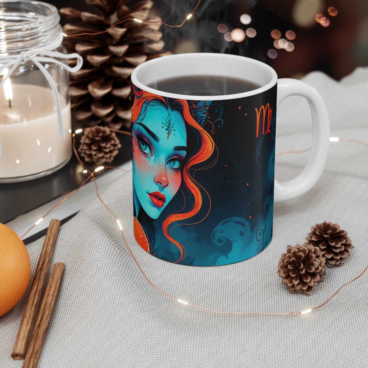 Tasse Signe Vierge – Mug Zodiaque Céramique 325 ml – Art Mystique Féminin Bleu et Feu – Cadeau Astrologique