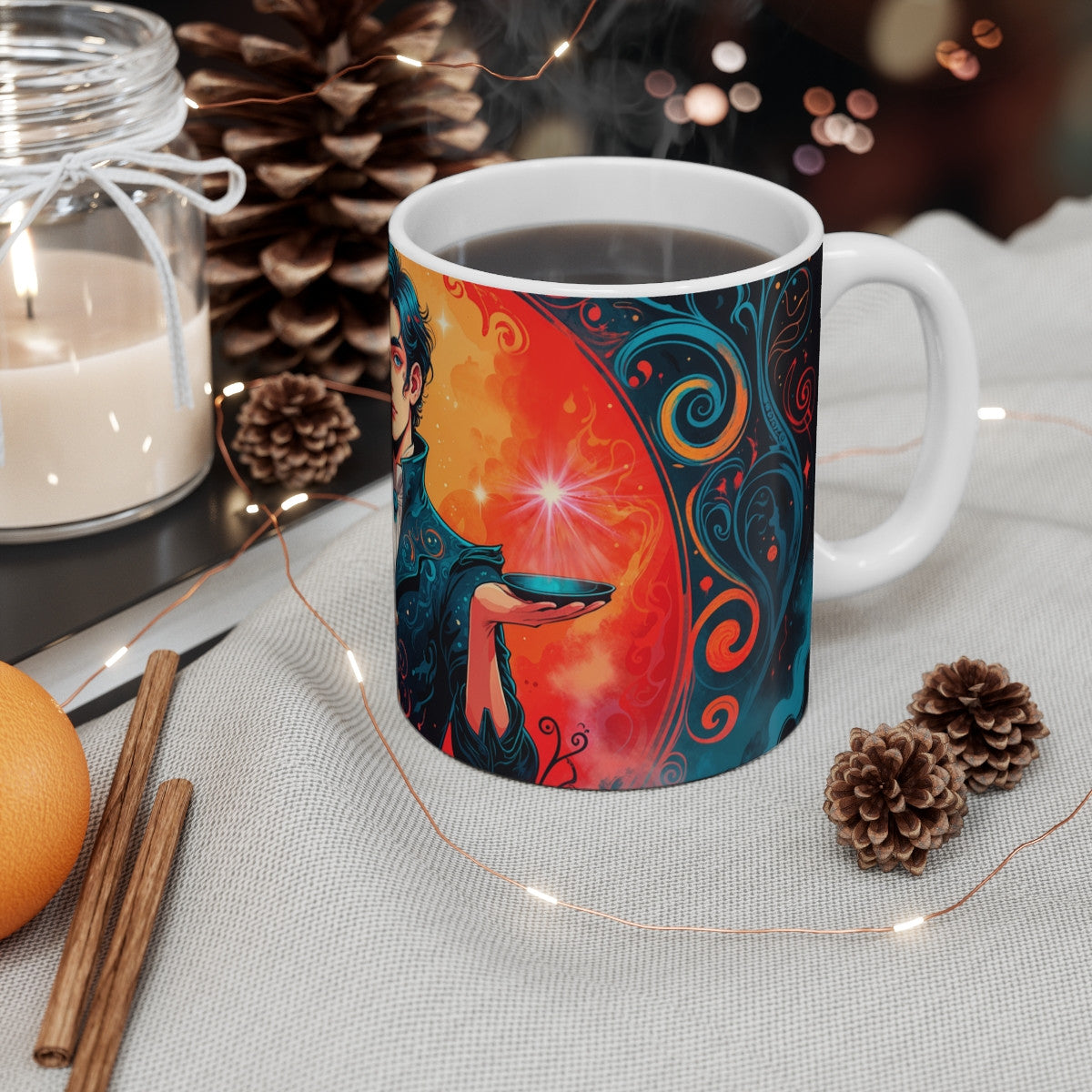 Tasse Signe Balance – Mug Zodiaque Céramique 325 ml – Art Mystique Bleu et Feu – Cadeau Astrologique