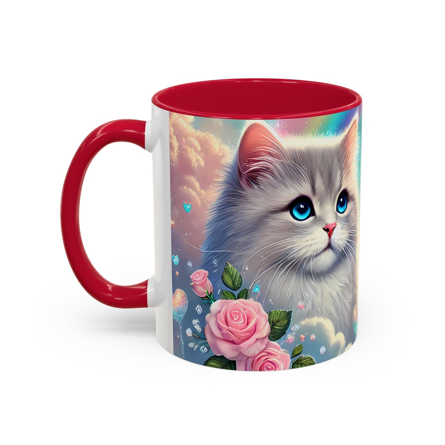Mug Chat Blanc Kawaii – Tasse Féérique Pastel avec Arc-en-Ciel et Roses – Cadeau Amoureux des Chats 325ml