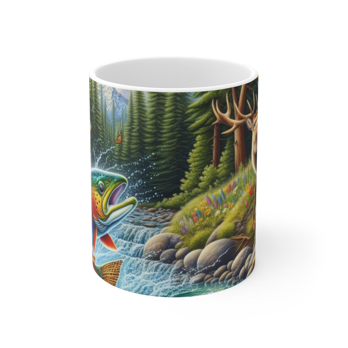 Tasse Truite et Cerf – Mug Nature Céramique 325 ml – Pêche & Forêt Montagneuse – Cadeau Plein Air Coloré