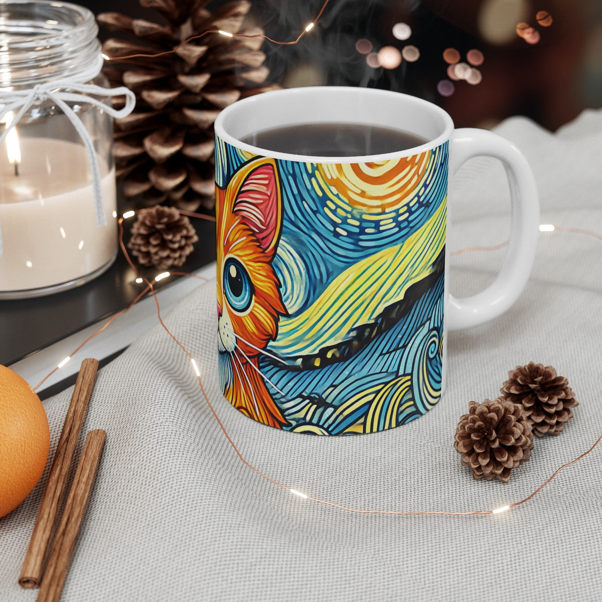 Tasse Chat Van Gogh – Mug Céramique 325 ml – Chat Orange Nuit Étoilée – Cadeau Artistique et Original