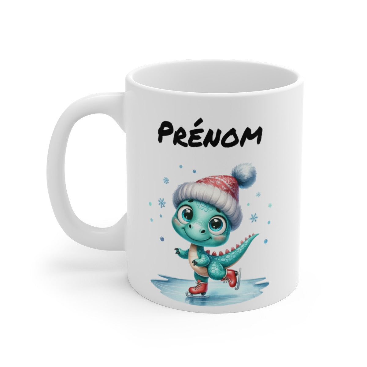 Tasse Dinosaure de Noël Personnalisable – Mug Céramique 325 ml – Petit Dino Patineur – Cadeau Enfant Hiver