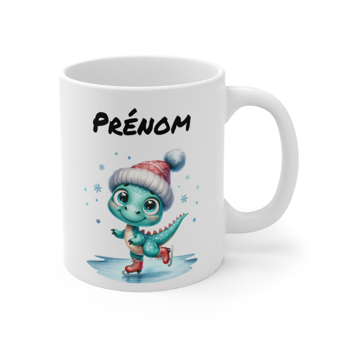 Tasse Dinosaure de Noël Personnalisable – Mug Céramique 325 ml – Petit Dino Patineur – Cadeau Enfant Hiver