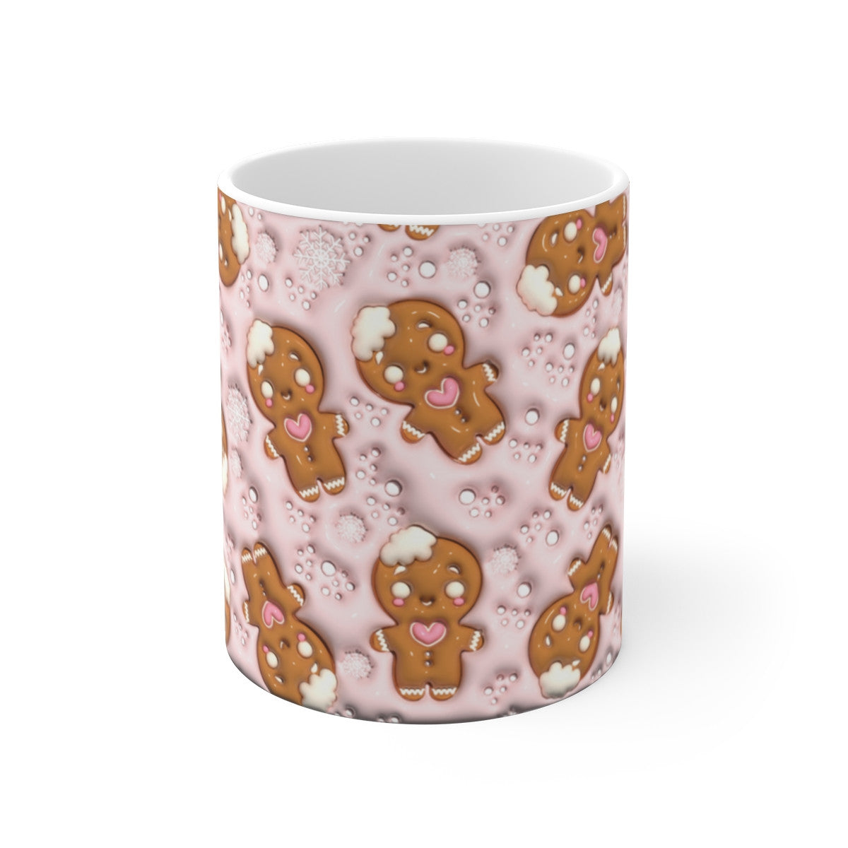 Tasse Bonhomme Pain d’Épices Kawaii – Mug de Noël 325 ml – Design Hiver Fond Rose et Flocons – Cadeau Gourmand Mignon