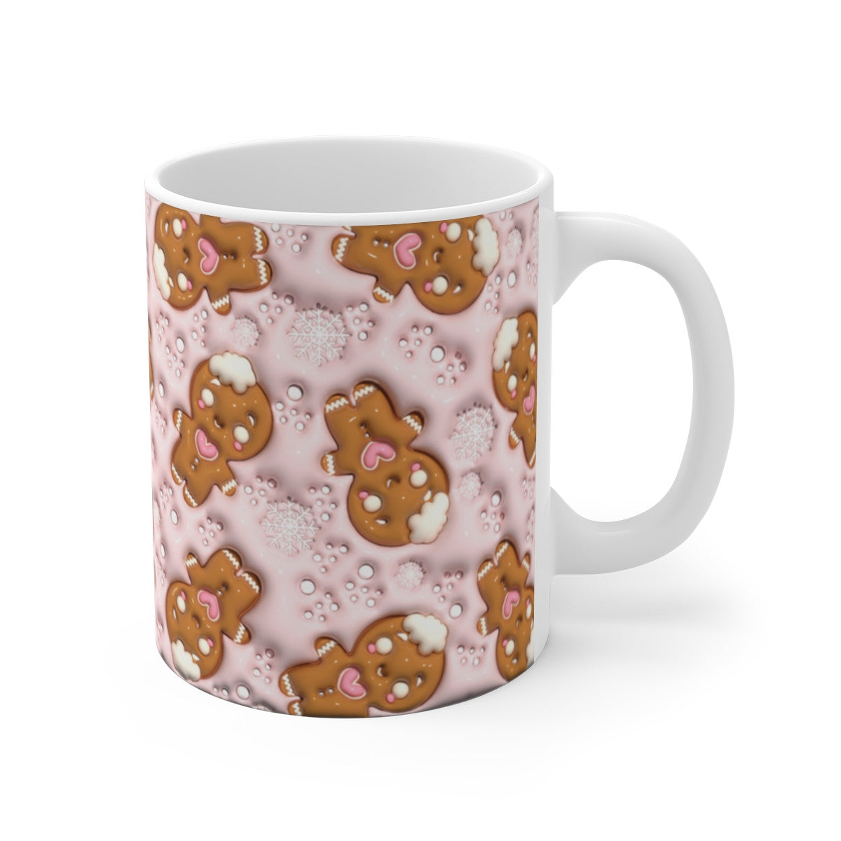 Tasse Bonhomme Pain d’Épices Kawaii – Mug de Noël 325 ml – Design Hiver Fond Rose et Flocons – Cadeau Gourmand Mignon