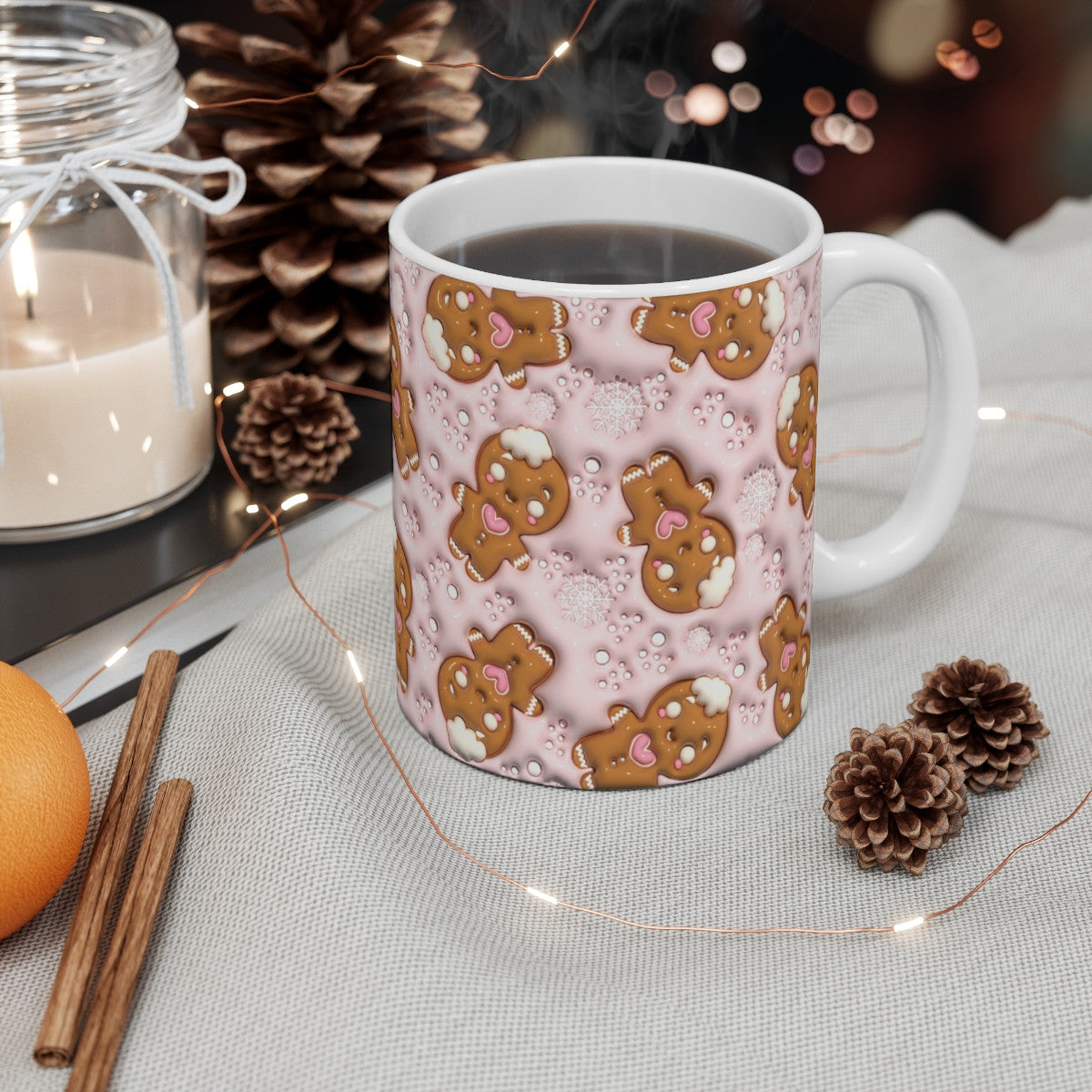 Tasse Bonhomme Pain d’Épices Kawaii – Mug de Noël 325 ml – Design Hiver Fond Rose et Flocons – Cadeau Gourmand Mignon