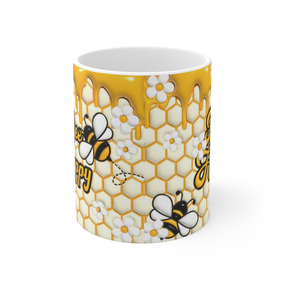 Tasse Bee Happy – Mug Abeille et Miel 325 ml – Design Alvéoles et Fleurs – Cadeau Positif et Joyeux