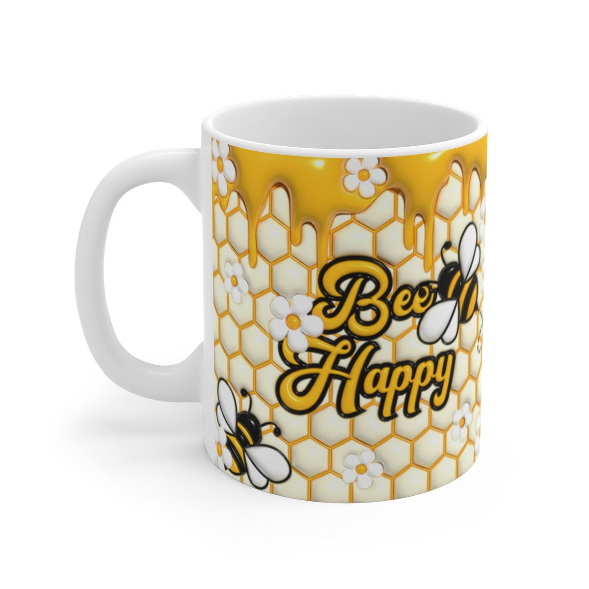 Tasse Bee Happy – Mug Abeille et Miel 325 ml – Design Alvéoles et Fleurs – Cadeau Positif et Joyeux