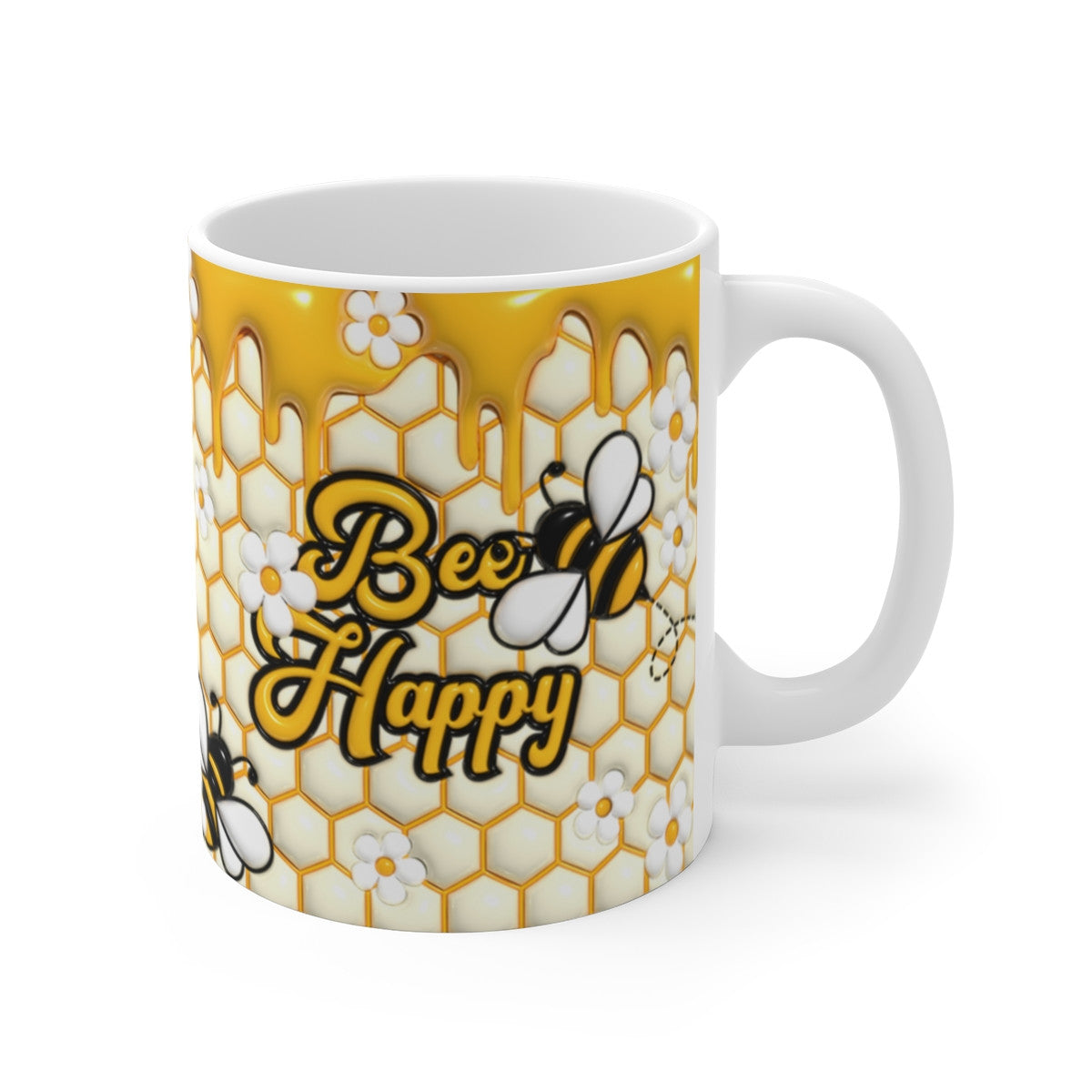 Tasse Bee Happy – Mug Abeille et Miel 325 ml – Design Alvéoles et Fleurs – Cadeau Positif et Joyeux