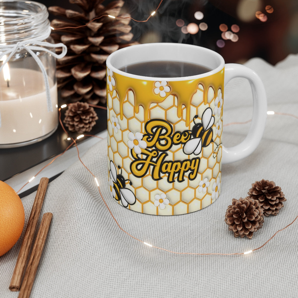 Tasse Bee Happy – Mug Abeille et Miel 325 ml – Design Alvéoles et Fleurs – Cadeau Positif et Joyeux