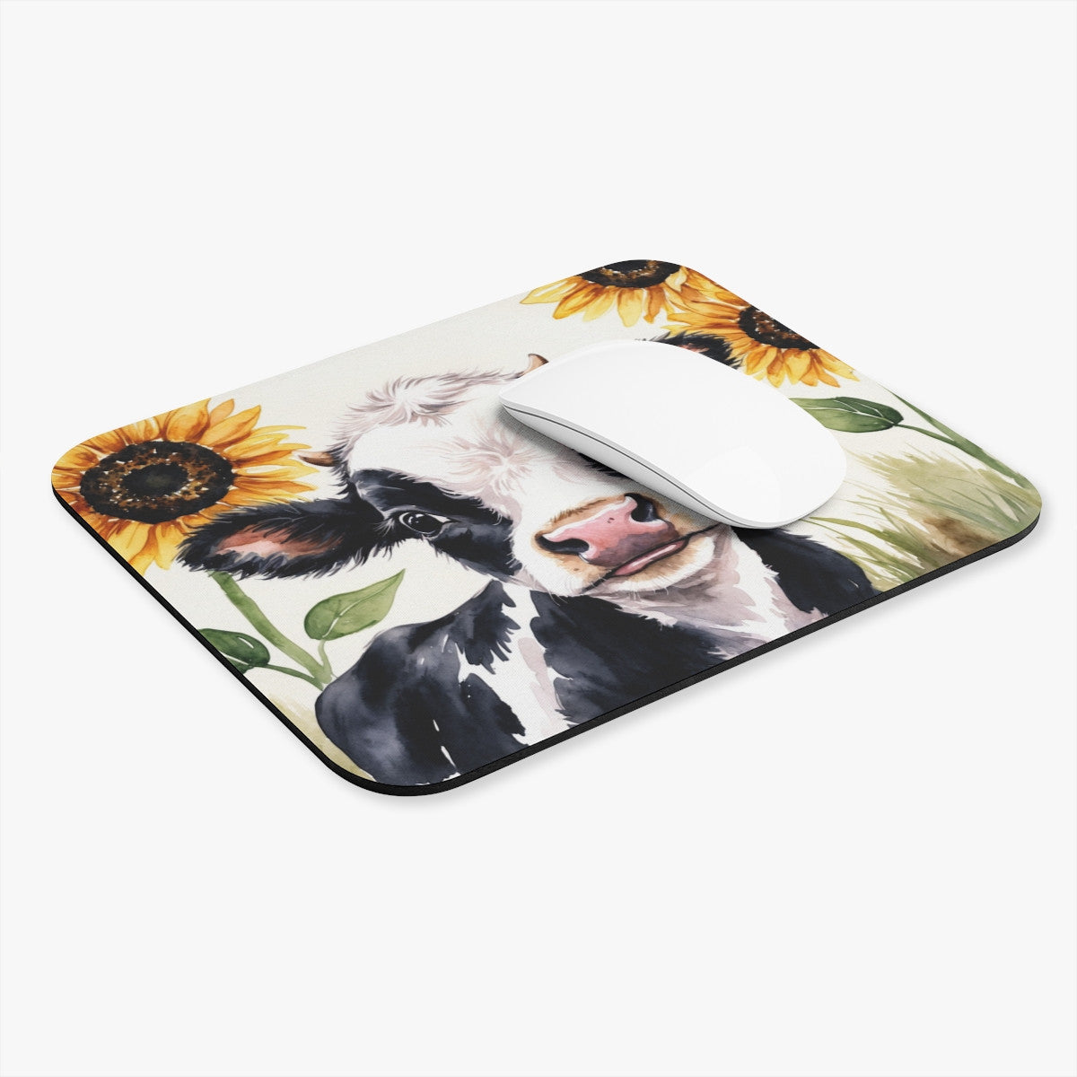Tapis de souris 22x18 cm – Vache Noire et Blanche avec Tournesols – Design Aquarelle Champêtre
