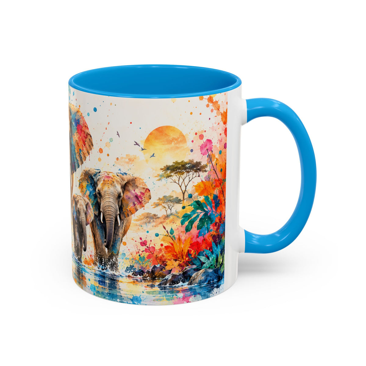 Mug Famille d’Éléphants Colorés – Tasse Style Aquarelle Afrique Savane – Cadeau Original Amoureux des Animaux