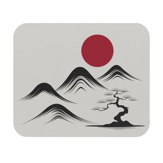 Tapis de souris 22x18 cm – Paysage Japonais Minimaliste – Soleil Rouge, Montagnes & Bonsaï Zen – Illustration Asiatique