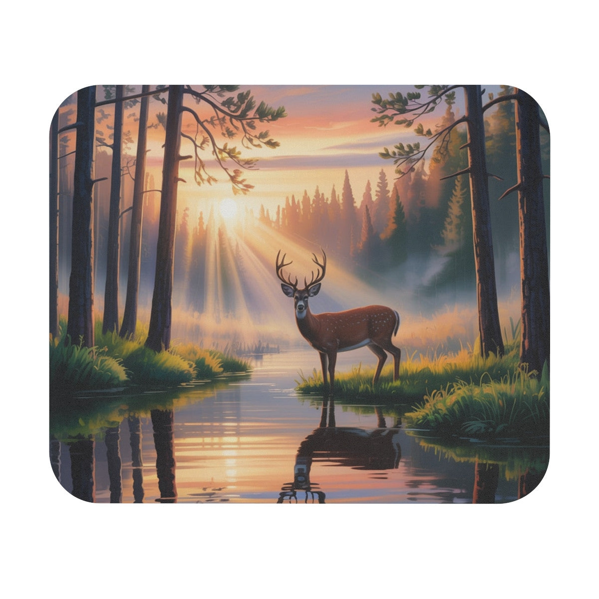 Tapis de souris 22x18 cm – Cerf Majestueux au Lever du Soleil – Illustration Nature & Forêt Lumineuse – Surface Lisse
